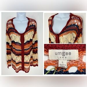 Umgee NWT Striped Crochet Open Knit Cardigan Sweater Size‎ Large Boho Hippie